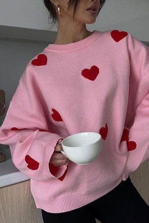 Casual Day Outfits, Easy Trendy Outfits Vintage Red Hearts Sweater