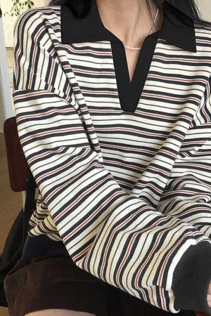 Casual Day Outfits, Easy Trendy Outfits Vintage Stripe Polo Sweatshirt
