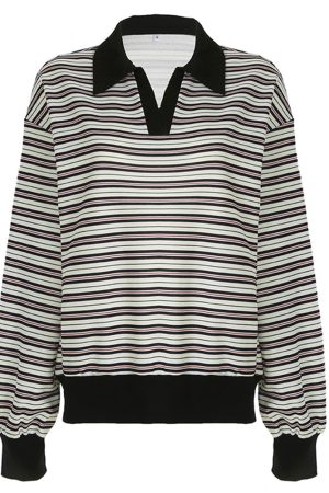 Casual Day Outfits, Easy Trendy Outfits Vintage Stripe Polo Sweatshirt