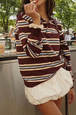 Casual Day Outfits, Easy Trendy Outfits Vintage Stripe Rugby Polo