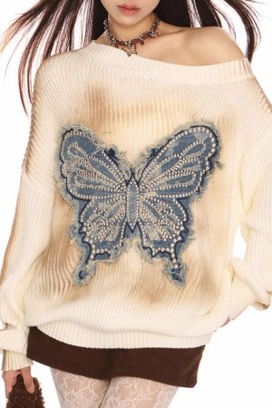 Casual Day Outfits, Easy Trendy Outfits Vintage Wash Butterfly Sweater