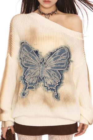 Casual Day Outfits, Easy Trendy Outfits Vintage Wash Butterfly Sweater