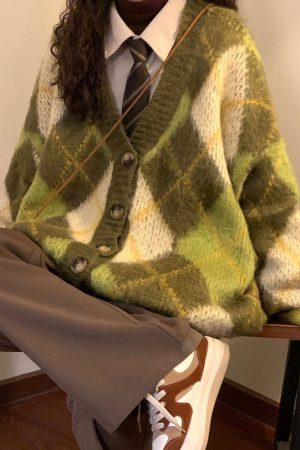 Casual Day Outfits, Easy Trendy Outfits Warm Vibes Green Argyle Cardigan Sweater