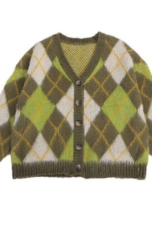 Casual Day Outfits, Easy Trendy Outfits Warm Vibes Green Argyle Cardigan Sweater