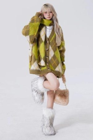 Casual Day Outfits, Easy Trendy Outfits Warm Vibes Green Argyle Cardigan Sweater