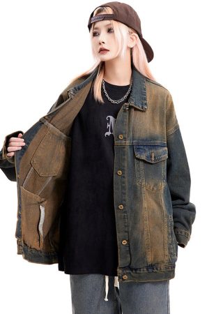 Casual Day Outfits, Easy Trendy Outfits Washed Brown Loose Denim Jacket