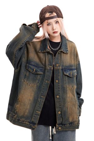 Casual Day Outfits, Easy Trendy Outfits Washed Brown Loose Denim Jacket