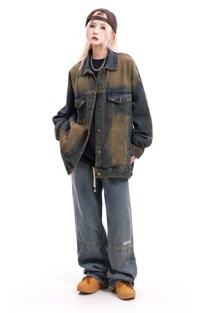 Casual Day Outfits, Easy Trendy Outfits Washed Brown Loose Denim Jacket