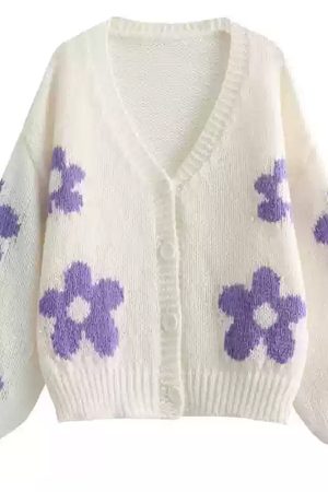 Casual Day Outfits, Easy Trendy Outfits White Knit Cardigan with Purple Flower