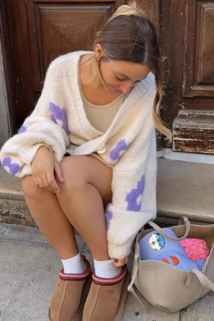 Casual Day Outfits, Easy Trendy Outfits White Knit Cardigan with Purple Flower