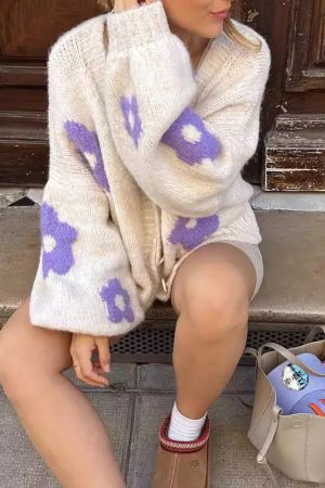 Casual Day Outfits, Easy Trendy Outfits White Knit Cardigan with Purple Flower