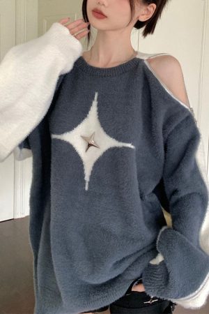 Casual Day Outfits, Easy Trendy Outfits White Star Open-Shoulder Sweater