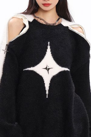 Casual Day Outfits, Easy Trendy Outfits White Star Open-Shoulder Sweater