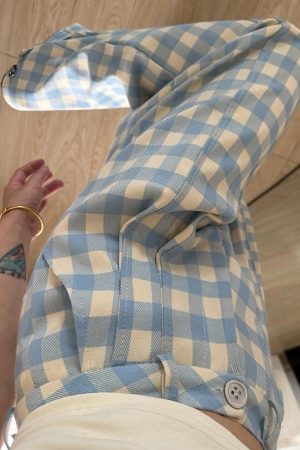 Casual Day Outfits, Easy Trendy Outfits Wide-Leg Blue Gingham Trousers