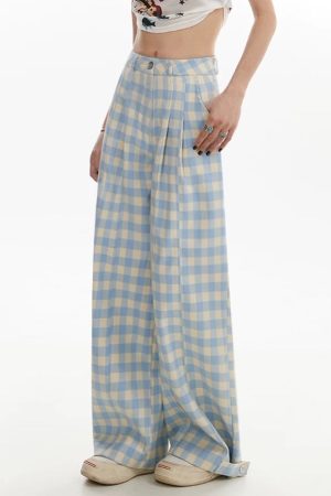 Casual Day Outfits, Easy Trendy Outfits Wide-Leg Blue Gingham Trousers