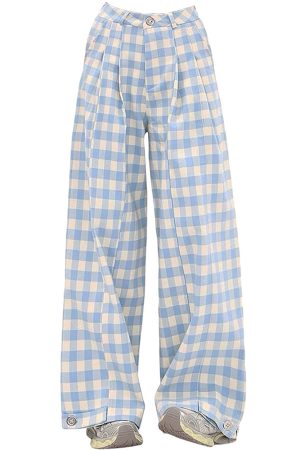 Casual Day Outfits, Easy Trendy Outfits Wide-Leg Blue Gingham Trousers