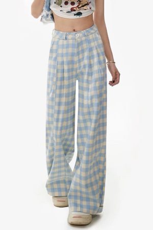 Casual Day Outfits, Easy Trendy Outfits Wide-Leg Blue Gingham Trousers