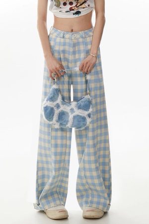 Casual Day Outfits, Easy Trendy Outfits Wide-Leg Blue Gingham Trousers