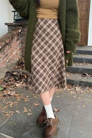 Casual Day Outfits, Easy Trendy Outfits Worry Less Brown Plaid Midi Skirt