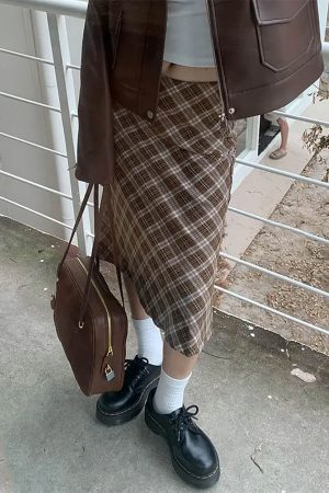 Casual Day Outfits, Easy Trendy Outfits Worry Less Brown Plaid Midi Skirt