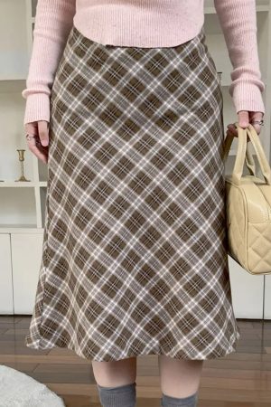 Casual Day Outfits, Easy Trendy Outfits Worry Less Brown Plaid Midi Skirt