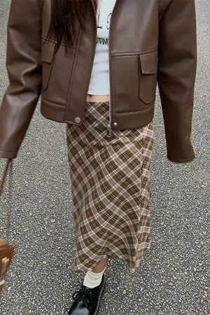 Casual Day Outfits, Easy Trendy Outfits Worry Less Brown Plaid Midi Skirt