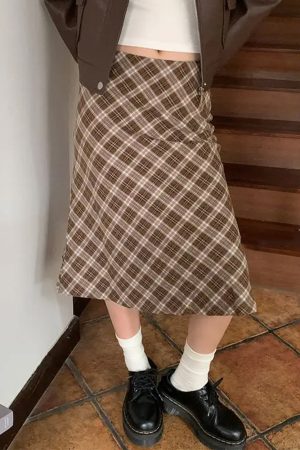 Casual Day Outfits, Easy Trendy Outfits Worry Less Brown Plaid Midi Skirt