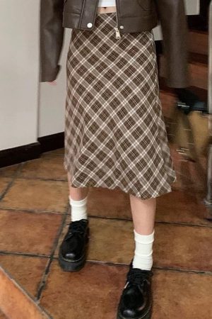 Casual Day Outfits, Easy Trendy Outfits Worry Less Brown Plaid Midi Skirt