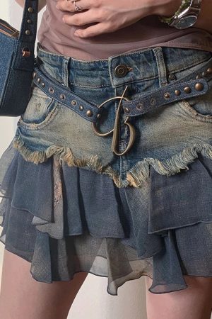 Casual Day Outfits, Easy Trendy Outfits Y2K Aesthetic Denim Ruffled Skirt