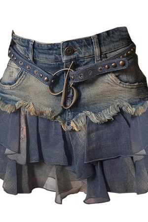 Casual Day Outfits, Easy Trendy Outfits Y2K Aesthetic Denim Ruffled Skirt