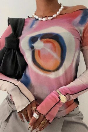 Casual Day Outfits, Easy Trendy Outfits Y2K Aesthetic Galaxy Mesh Top