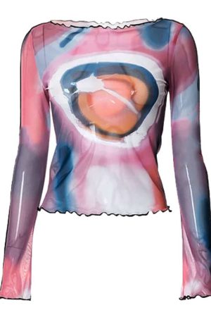 Casual Day Outfits, Easy Trendy Outfits Y2K Aesthetic Galaxy Mesh Top