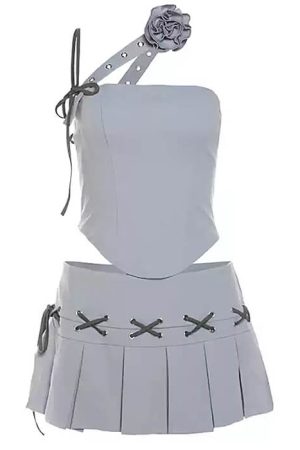 Casual Day Outfits, Easy Trendy Outfits Y2K Asymmetrical Top & Pleated Mini Skirt Co-Ord