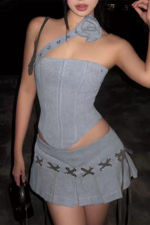 Casual Day Outfits, Easy Trendy Outfits Y2K Asymmetrical Top & Pleated Mini Skirt Co-Ord