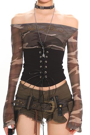 Casual Day Outfits, Easy Trendy Outfits Y2K Camo Off Shoulder Mesh Top
