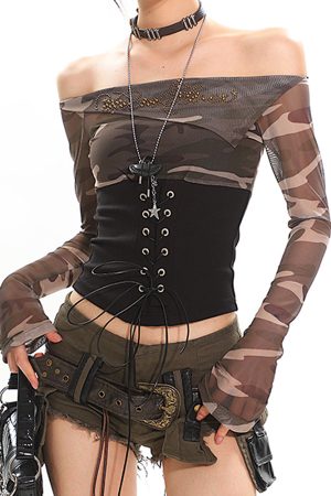 Casual Day Outfits, Easy Trendy Outfits Y2K Camo Off Shoulder Mesh Top