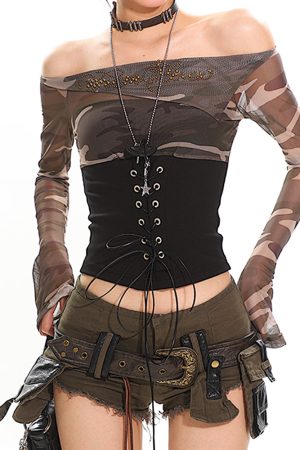 Casual Day Outfits, Easy Trendy Outfits Y2K Camo Off Shoulder Mesh Top