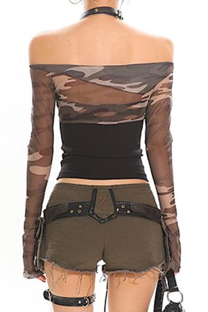 Casual Day Outfits, Easy Trendy Outfits Y2K Camo Off Shoulder Mesh Top