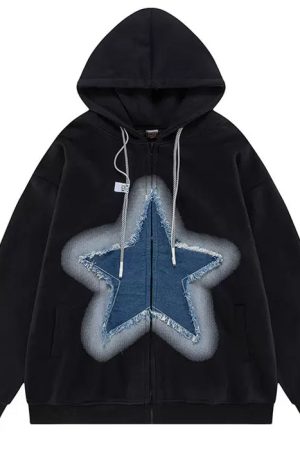 Casual Day Outfits, Easy Trendy Outfits Y2K Denim Star Zip Up Hoodie
