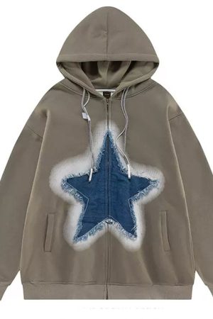 Casual Day Outfits, Easy Trendy Outfits Y2K Denim Star Zip Up Hoodie