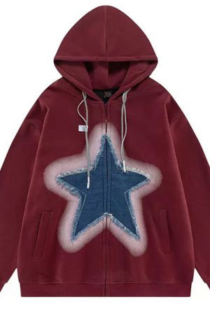 Casual Day Outfits, Easy Trendy Outfits Y2K Denim Star Zip Up Hoodie