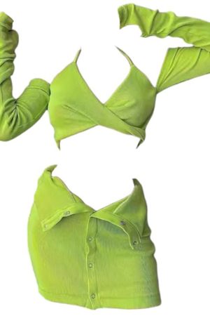 Casual Day Outfits, Easy Trendy Outfits Y2K Halter Top with Gloves & Skirt Set