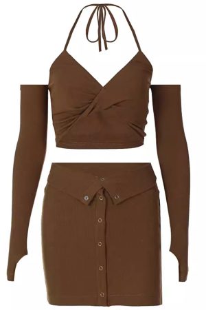 Casual Day Outfits, Easy Trendy Outfits Y2K Halter Top with Gloves & Skirt Set