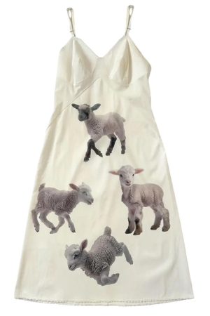 Casual Day Outfits, Easy Trendy Outfits Y2K Lambs Print Slip Dress