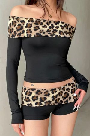 Casual Day Outfits, Easy Trendy Outfits Y2K Leopard Bardot Top & Shorts Set