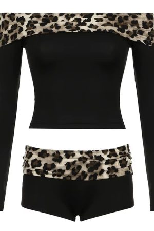 Casual Day Outfits, Easy Trendy Outfits Y2K Leopard Bardot Top & Shorts Set