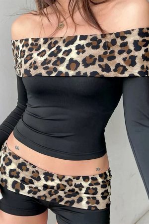 Casual Day Outfits, Easy Trendy Outfits Y2K Leopard Bardot Top & Shorts Set