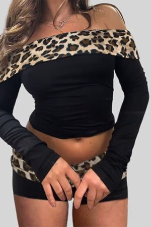 Casual Day Outfits, Easy Trendy Outfits Y2K Leopard Bardot Top & Shorts Set