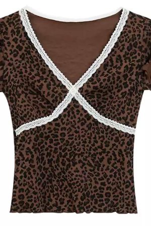 Casual Day Outfits, Easy Trendy Outfits Y2K Leopard Lace Crop Top