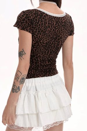 Casual Day Outfits, Easy Trendy Outfits Y2K Leopard Lace Crop Top